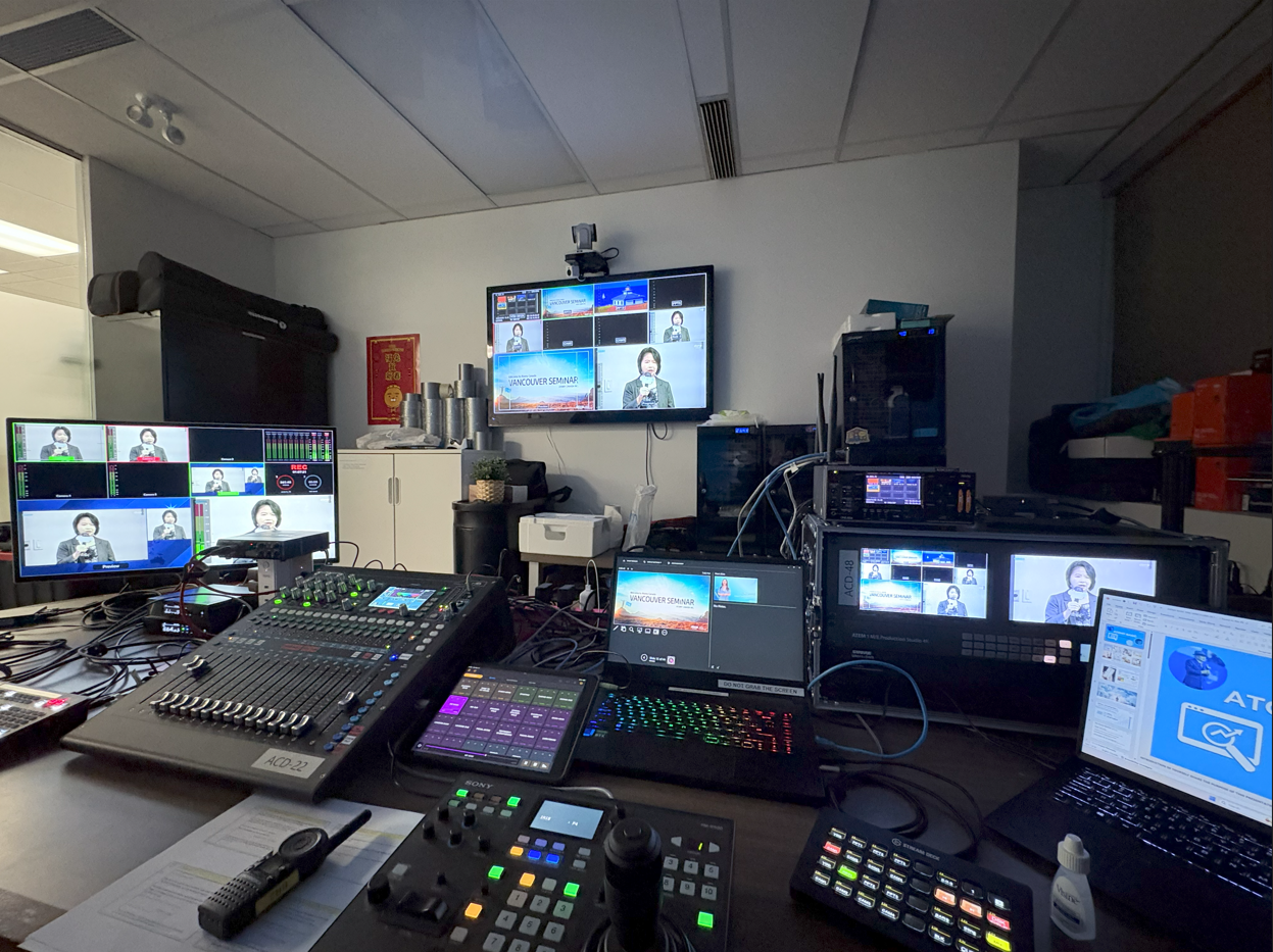 Broadcast Control Room. Monitoring and directing a live seminar.