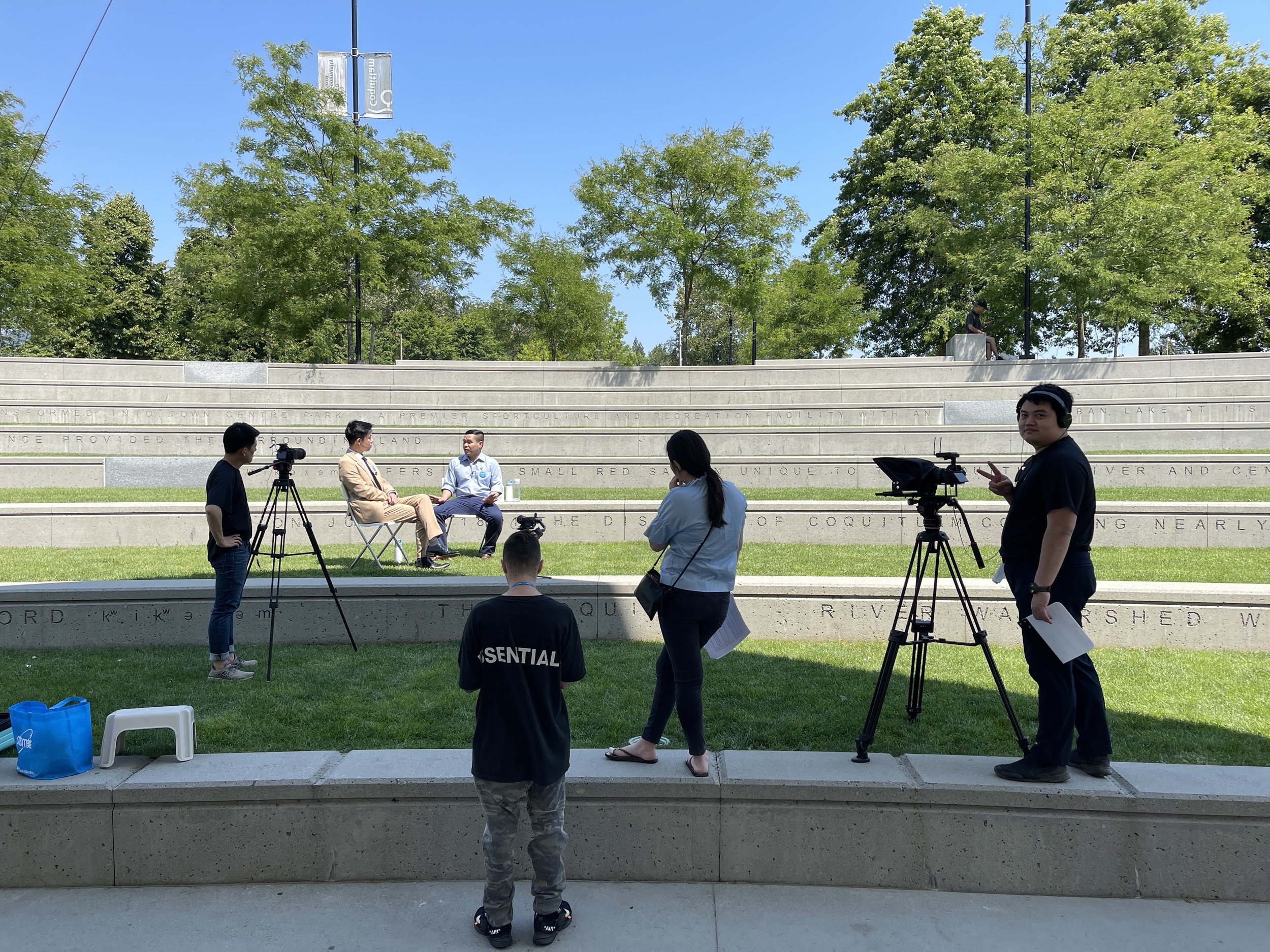 Outdoor Interview Production. A multi-camera interview filmed on location with the crew positioned around the talent.